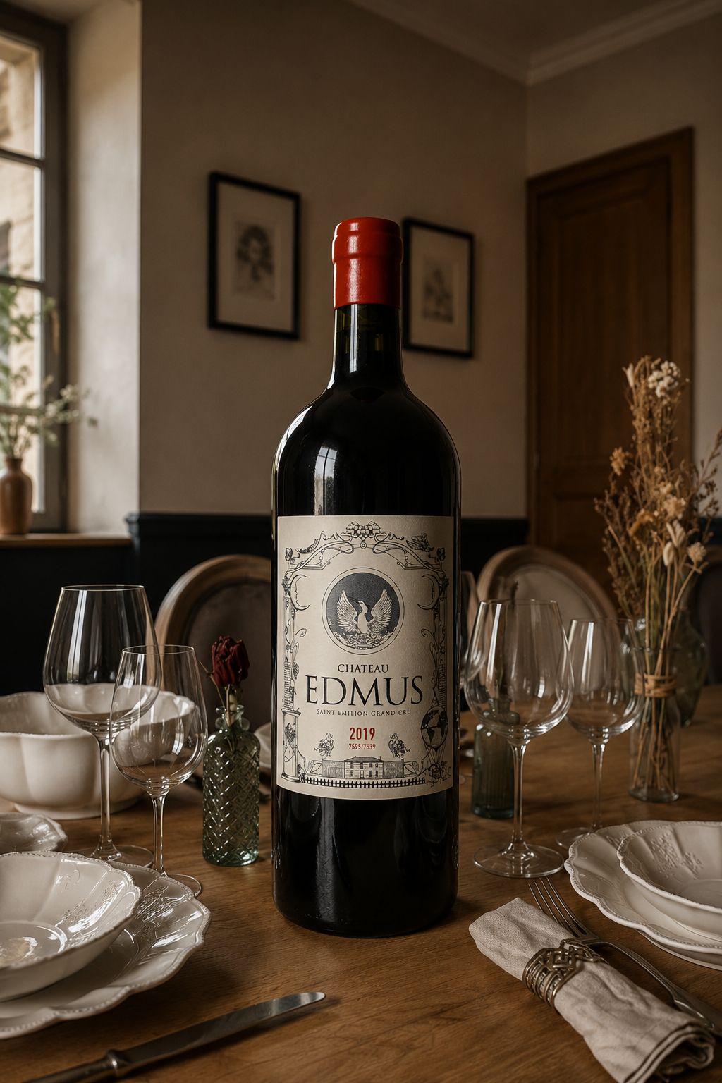 Bouteille Château EDMUS 2019 sur une table dressée